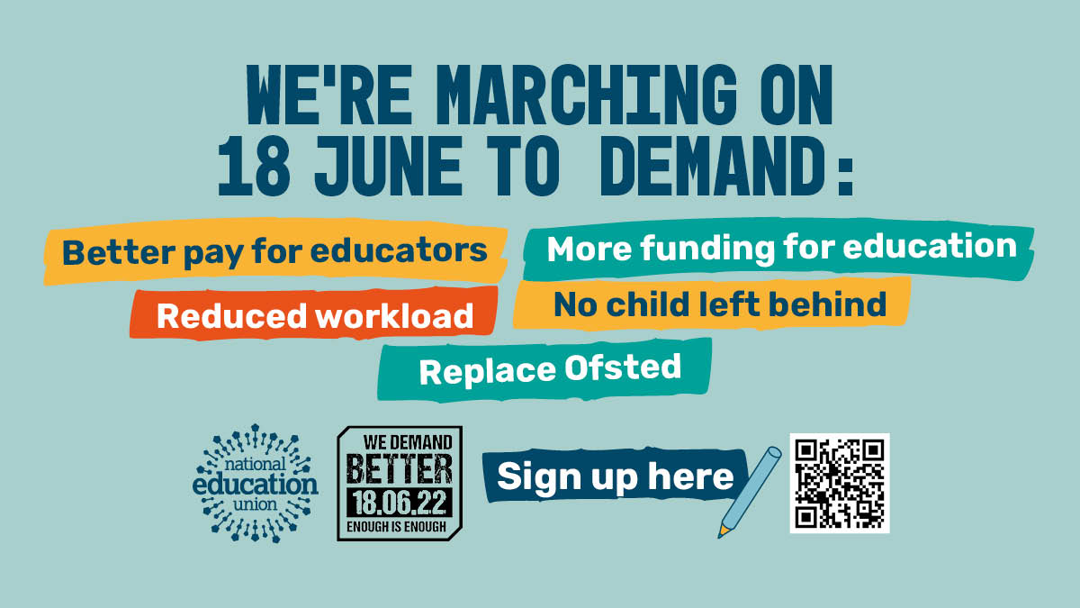 NEUnion's tweet photo. The @NEUnion is committed to a formal ballot if the Govt does not restore pay to 2010 levels.

Join us &amp; the rest of the trade union movement on June 18 to demand a new deal and a pay rise for all workers.

Register here👉 https://t.co/mgBZJVB7kG
#ValueEducation #ValueEducators https://t.co/2EnwUPUM8q
