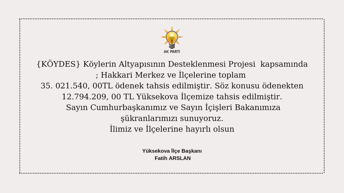 İlimiz ve İlçemizin köylerine hayırlı olsun. 

Sayın Cumhurbaşkanımız ⁦<a href="/RTErdogan/">Recep Tayyip Erdoğan</a>⁩ , sayın içişleri Bakanımız ⁦<a href="/suleymansoylu/">Süleyman Soylu</a>⁩ , Millet vekilimiz ⁦<a href="/HusretDinc30/">Husret Dinç🇹🇷</a>⁩ ,Valimiz ⁦<a href="/idrisakbiyik/">Dr. İdris AKBIYIK</a>⁩ ve Kaymakamımız ⁦<a href="/cimsitomer/">Ömer ÇİMŞİT</a>⁩ ' şükranlarımı sunarım.