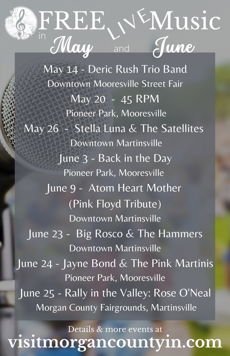 VisitMorganCo's tweet photo. Here's a look at FREE concerts coming up in the next few weeks, starting with the Mooresville Street Fair this Saturday! More details &amp; events (including 4th of July events) here: https://t.co/YiBa6LeM34 https://t.co/b7cV6A9gDI