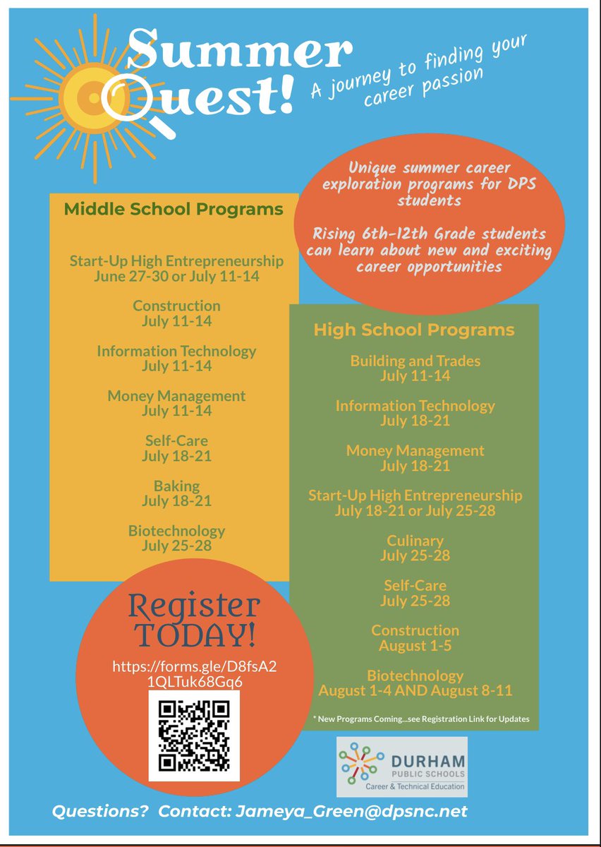 dpscte's tweet photo. Summer Quest! Career Exploration Programs!!! This summer, Durham Public School’s CTE Department is pleased to offer free career programs for middle and high school students. Registration is now open and spaces are limited. Sign-up today! https://t.co/ToVKSlIWLG @DurhamPublicSch https://t.co/ZYezoiq7MK