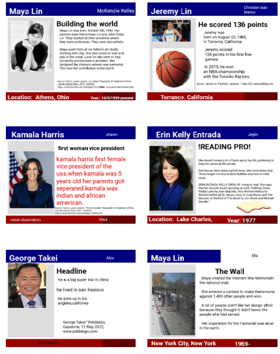 RTESLibrary's tweet photo. 5th Graders researched famous Asian and Pacific Islander-Americans in library today to celebrate AAPI Heritage Month. We have a lot of new knowledge about @KamalaHarris, @kristiyamaguchi, @erinentrada Steven Chu, Maya Lin, and more! @APSLibrarians #APSAAPI #kwbpride https://t.co/fHuOmiJx1h