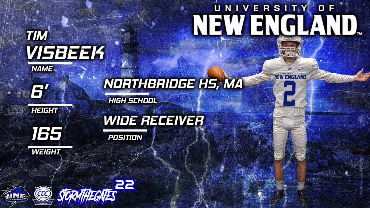 🌩️Welcome to the F A M I L Y🌩️
✍️Tim Visbeek
🏈Wide Receiver
🏫Northbridge HS, Massachusetts
📚3+2 Athletic Training Master's Program 
📰 Captain, All State, All Central Mass, 2nd most receiving yards in school history. (Single season)