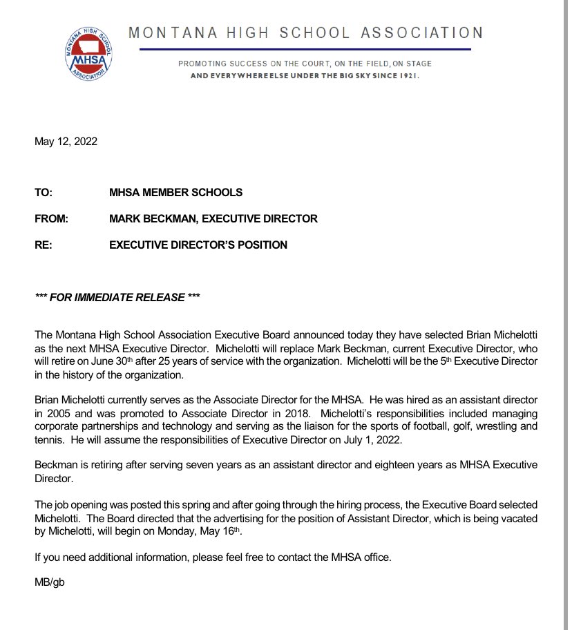 The Montana High School Association Executive Board announced today they have selected Brian Michelotti as the next MHSA Executive Director.  

See attachment for the full press release. 

For all MHSA information, visit MHSA.org

#mhsa
#mhsasports