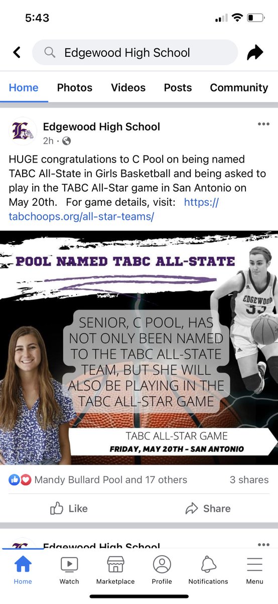 Poolishness's tweet photo. @clarapool33 We are so proud of you and your accomplishments!  One more game to play!  @txelitebball @lawrenck2001 @noblesportsmgmt @jasonterry31 https://t.co/FBkdZAizoF