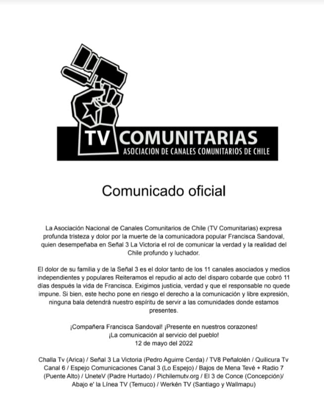 Comunicado Oficial de la Asociación Nacional de Canales Comunitarios de Chile ante el sensible fallecimiento de la comunicadora Francisca Sandoval.