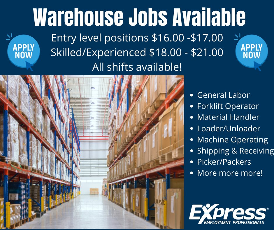 ExpressRM_IL's tweet photo. Whether you're trying to break into the warehouse field or have years of experience, Express has the job for you! Call 847-394-1142 or head to our website to apply today.

#expresspros #staffing #hiring2022 #jobs https://t.co/HslqC9wbQF