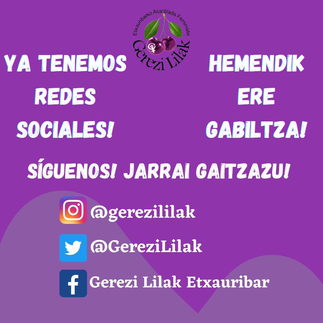 Kaixoo! Etxauribarko emakumeen talde bat elkartu gara bizitza erdigunean jartzeko eta berdintasunaren alde borrokatzeko!
Jarraitu gure sare sozialetan antolatzen ditugun ekintzak eta pixkana-pixkana lortzen duguna ezagutzeko!💪🏾💜