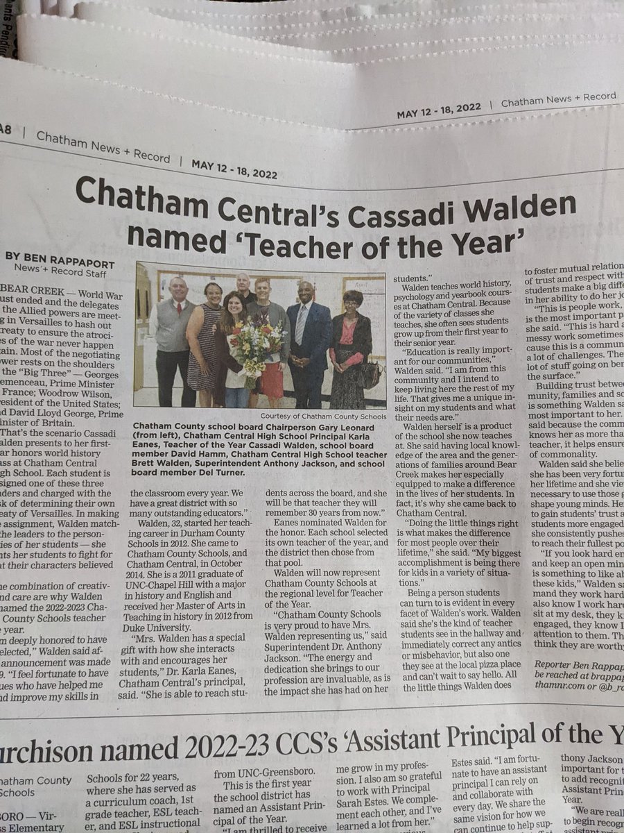 kinghistorycchs's tweet photo. This is King Boy #1 s World History teacher! She is absolutely BRILLIANT and so is this article @ChathamNR 🗞️!
So proud of Mrs Walden! ♥️ @ChathamCentral @ChathamCoSch
#CCSTOY https://t.co/mUes7rH6lA