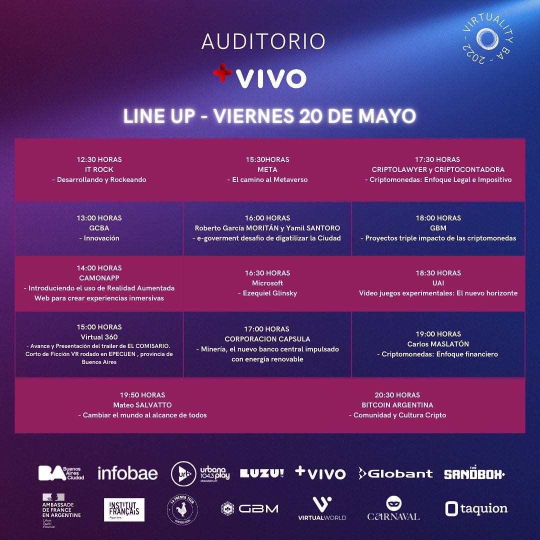 VirtualityLatam's tweet photo. Line Up 👉🏻 Auditorio @masvivotv 
No te pierdas #virtualityba2022 este 20 y 21 de mayo desde las 12:00 a 21:00 horas en @LaRural_BsAs con un Auditorio de lujo junto a los mayores referentes en Tecnologías Inmersivas, Blockchain y Mundos Virtuales!!! 

🎟 Entradas disponibles! https://t.co/yB0CAU1t3B