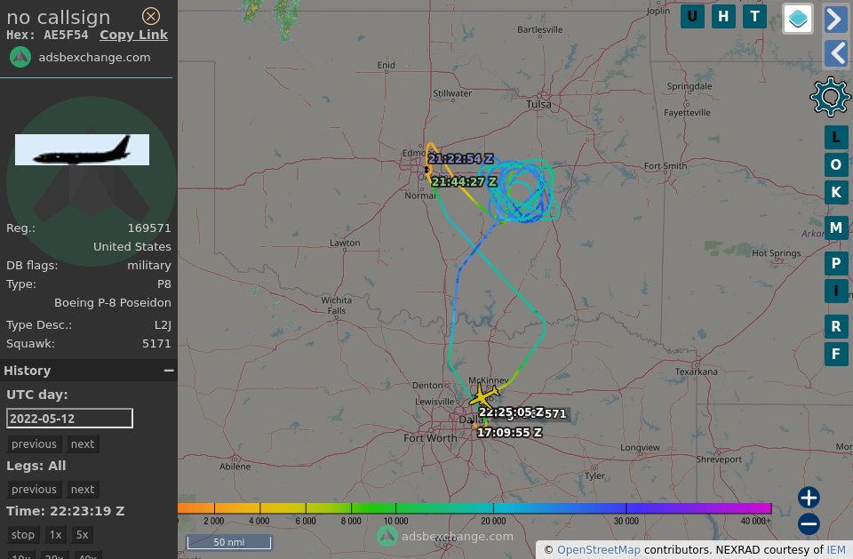 TheIntelFrog's tweet photo. A bit of unusual activity for this P-8A Poseidon #AE5F54 BuNo 169571.
Did some work in east central OK, landed at Tinker and is now enroute back to Dallas Love Field, home of BUPERS SDC. https://t.co/OwYF4OOWxp