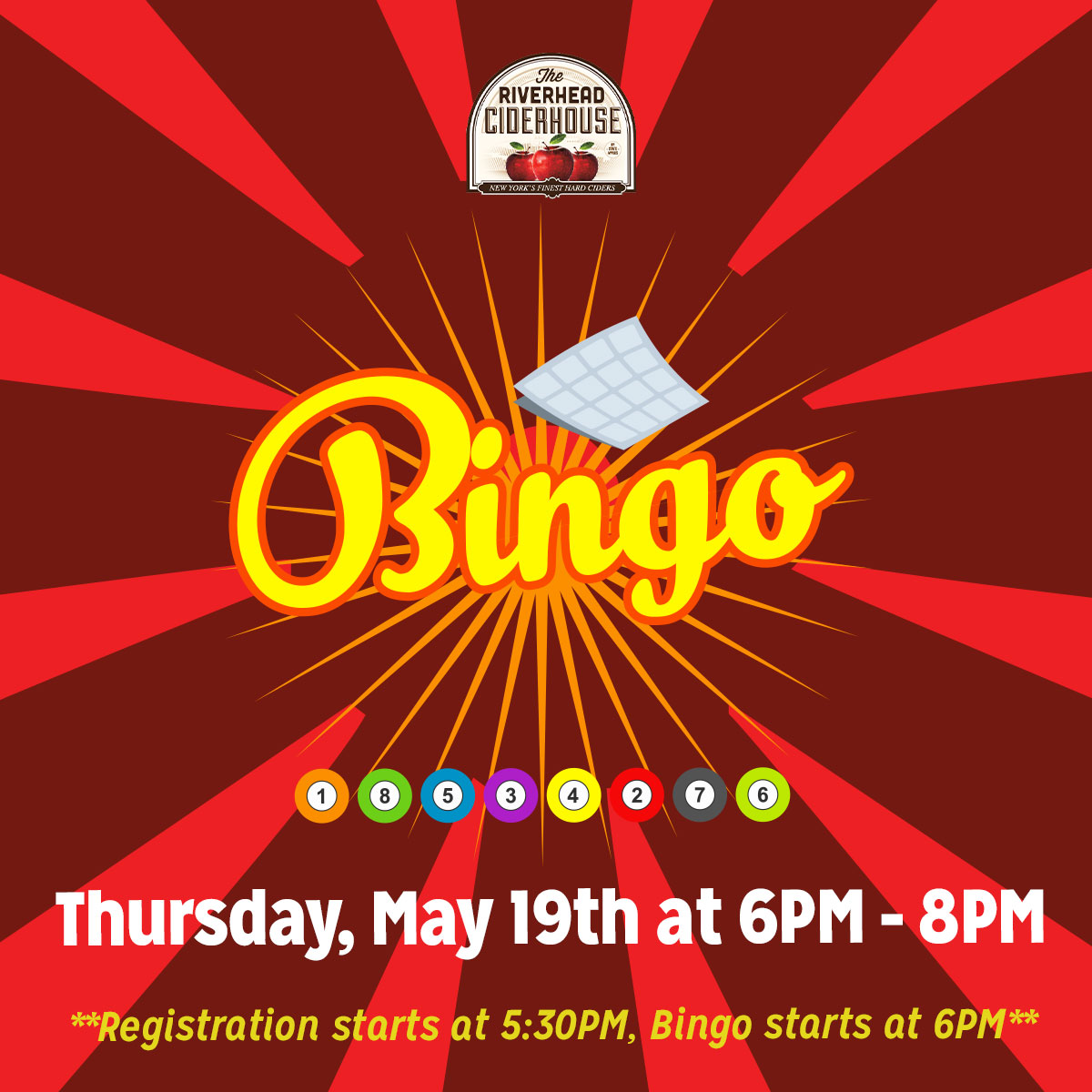 Riverhead_Cider's tweet photo. BINGO will be held at the tasting room from 6PM - 8PM. Each player will get two cards and prizes will be won throughout the night. Registration will begin at 5:30PM. Join our apple crew and have a great time. https://t.co/Einawpu7eD
