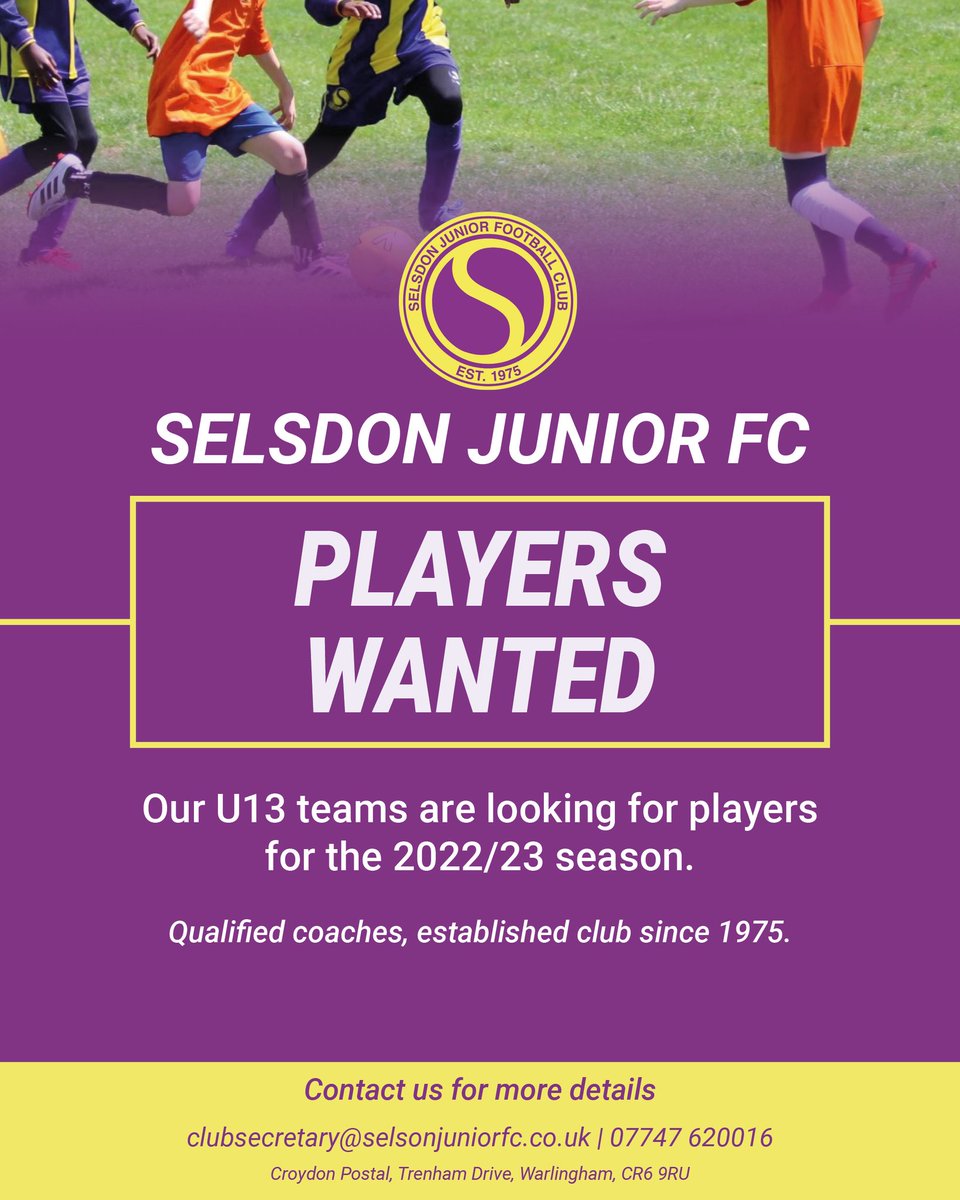 Selsdon Junior FC are looking for players to join our four U13 squads for 2022/23. Contact us for a trial #selsdonjuniorfc