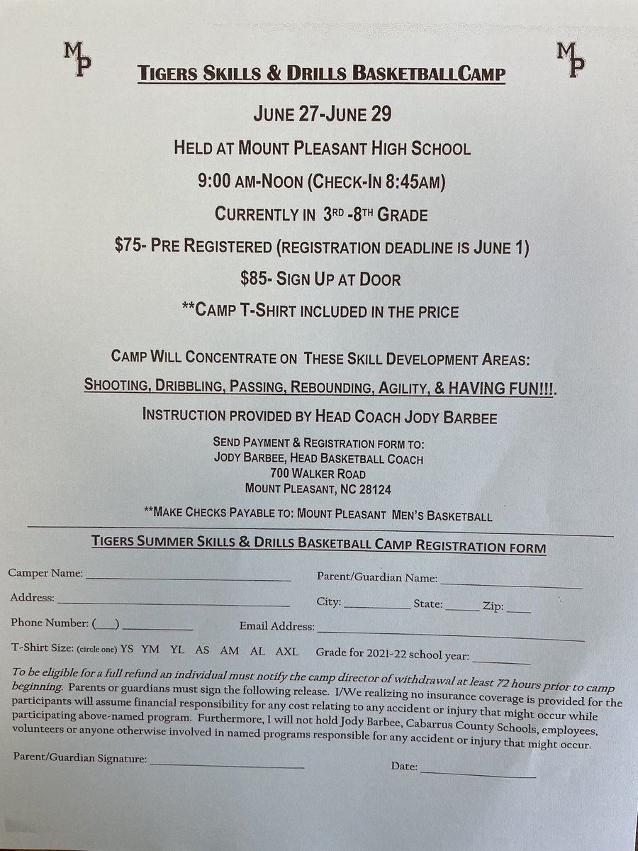 TigerMensBBall's tweet photo. 🚨Tigers Skills &amp; Drills Camp #MPHoops
June 27-29 🏀🏀 
Current 3-8th grade https://t.co/VTqFHYQUWk