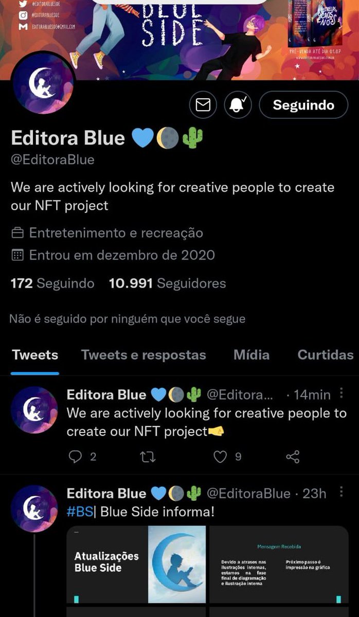 AJUDA!!! 🚨🚨🚨🚨🚨🔊🔊🔊🔊❌❌❌❌❌❌🚫🚫🚫🚫🚫

A CONTA DA EDITORA BLUE SIDE FOI HACKEADA! AS PESSOAS QUE INVADIRAM O PERFIL MUDARAM O USER, A BIO E NÃO PODEMOS GARANTIR QUE NÃO TENTEM PASSAR INFORMAÇÕES ERRADAS OU MESMO GOLPES!!!!! +