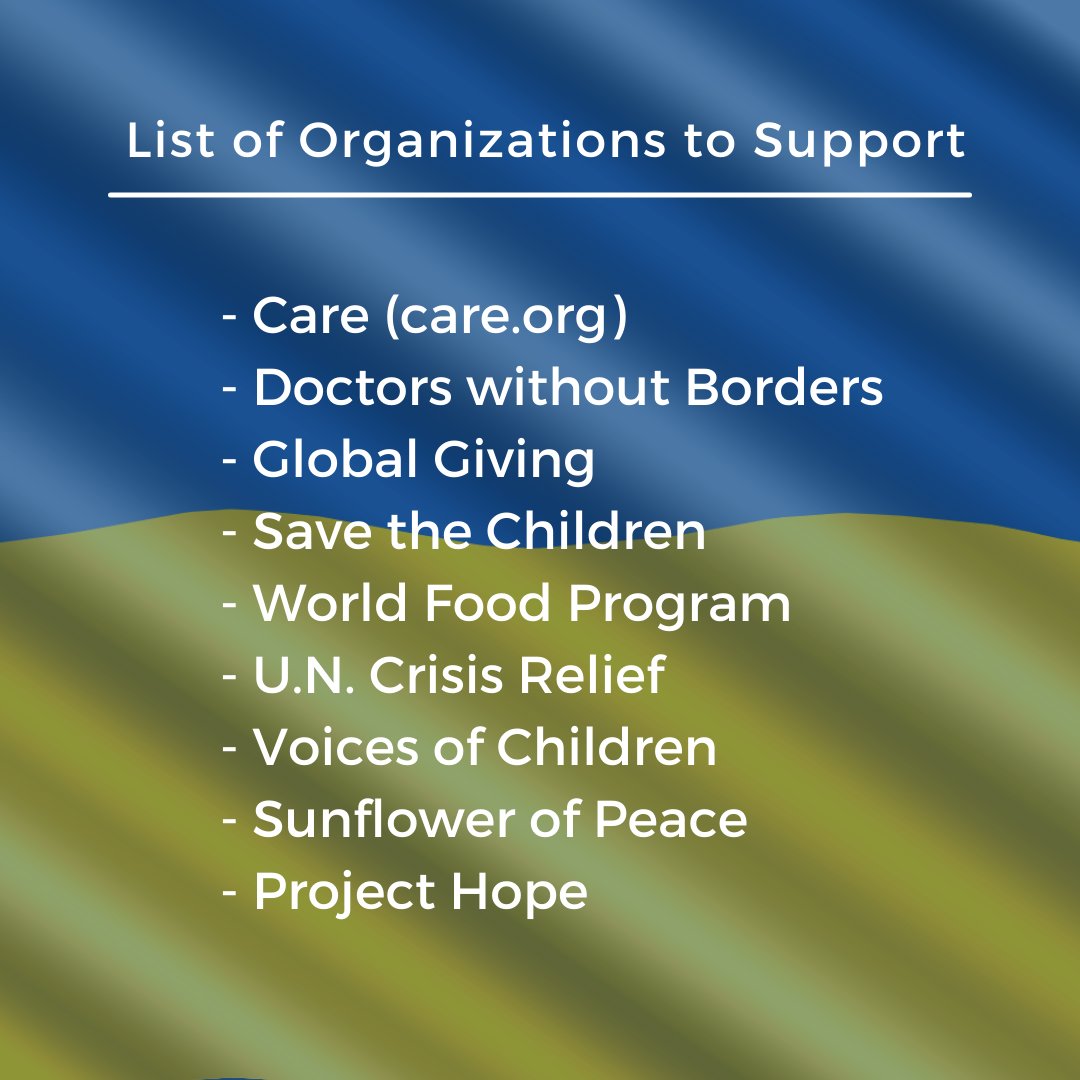 SociallyStratCA's tweet photo. Organizations that Americans &amp; companies can donate to support people in Ukraine. 

- Care (https://t.co/5PcjUlwu9n)
- Doctors without Borders
- Global Giving
- Save the Children
- World Food Program
- U.N. Crisis Relief
- Voices of Children
- Sunflower of Peace
- Project Hope https://t.co/ozZ80Ns4g8