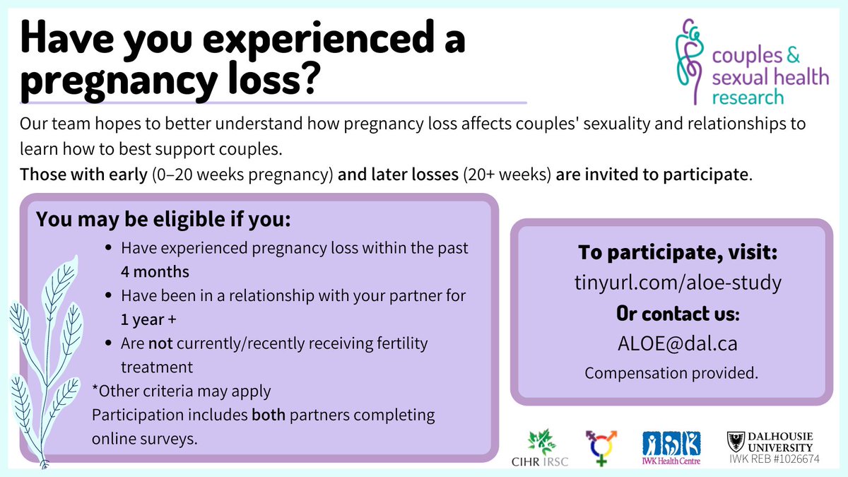 👋 loss community - our friends at @DalhousieU are conducting a (paid) online research study looking at how pregnancy loss impacts couples’ sexual wellbeing. More details 👇