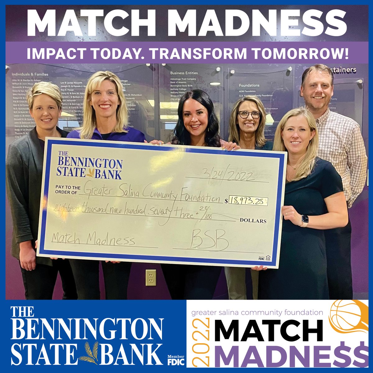 BSBks's tweet photo. Giving back in our communities is something we are passionate about. At @GreaterSalinaCF #MatchMadness2022 , BSB contributed $18,973.28 through BSB employee donations and corporate match! 

A huge shout out to BSB employees who graciously donated! 

#impacttodaytransformtomorrow https://t.co/w5eTBE15Eu