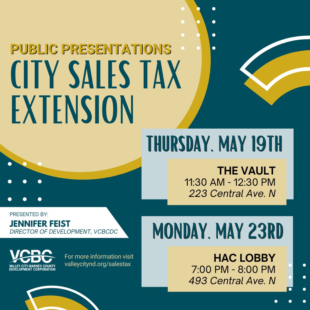 vcbcdc's tweet image. Want to learn more about this whole sales tax extension thing? 🤔 Catch one of our public presentations explaining the impact of city sales tax!
📅May 19th | 11:30 am - 12:30 pm | The Vault 
📅May 23rd | 7:00 pm - 8:00 pm | HAC Lobby
More information👉valleycitynd.org/pages/salestax