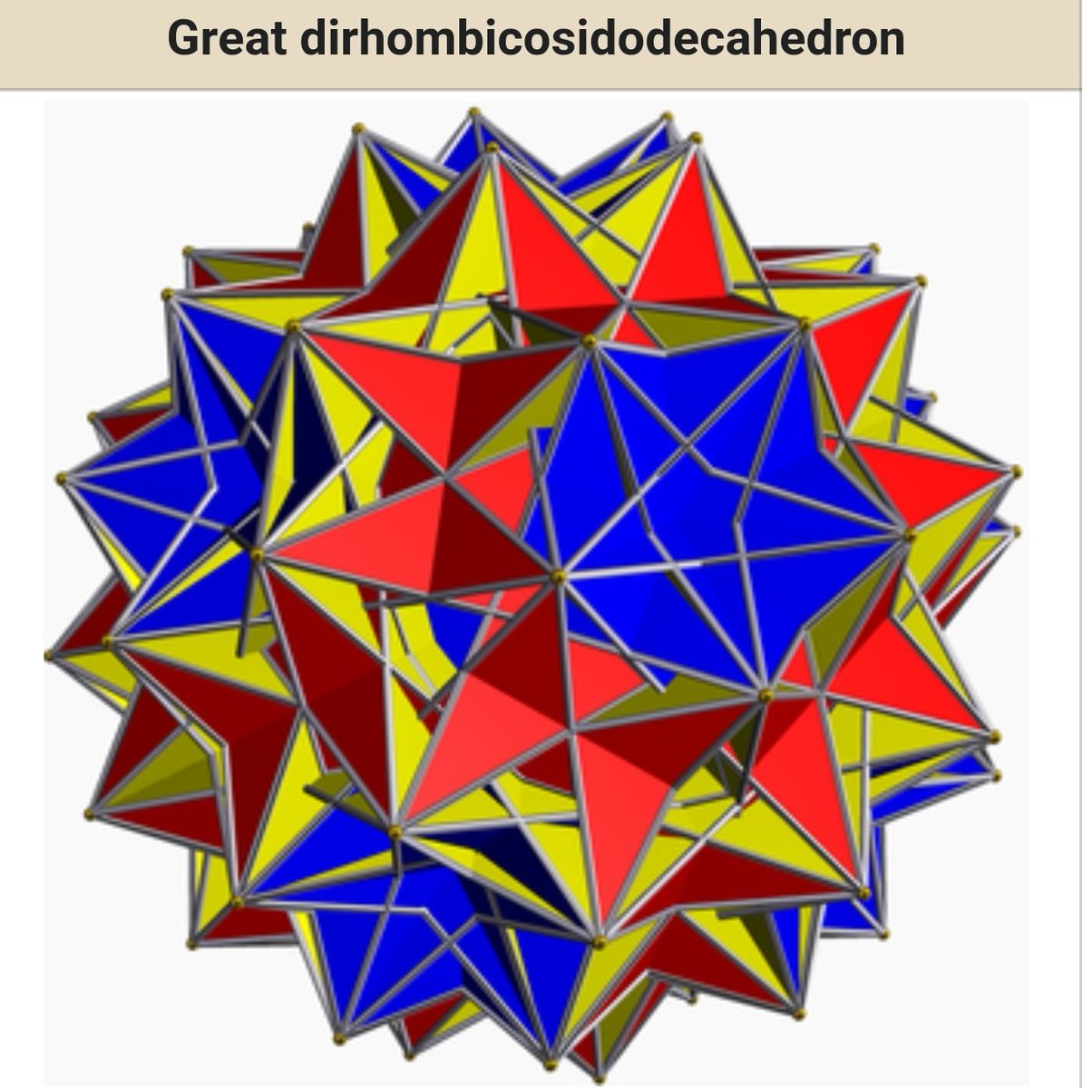 tweetsauce's tweet photo. Me: Mom, can we get a Wythoffian star polyhedron?

Mom: no, we have a non-degenerate uniform star polytope at home.

The nonprismatic nonconvex uniform star polyhedron at home: https://t.co/EB3Xrj207T