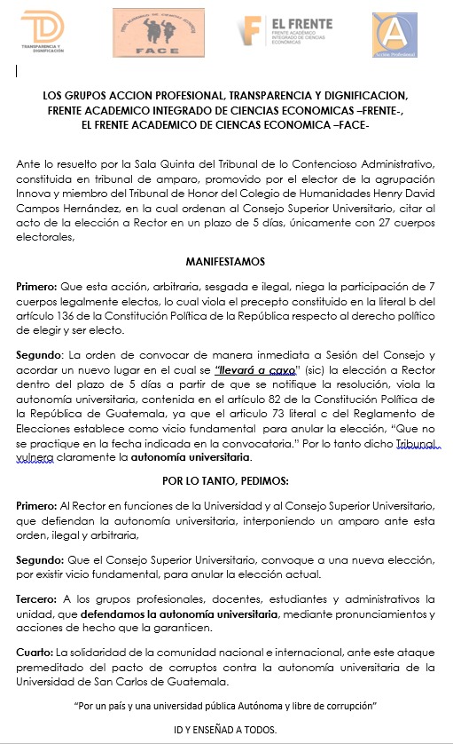 sosusacgt's tweet photo. Profesionales de la Ciencias Económicas indican que amparo provisional para realizar elecciones a Rector en 5 días es "ilegal y arbitraria".
Hacen el llamado a
"Defendamos la Autonomía Universitaria".
#sosdignidad #SOSUSAC #YoMeOpongo al #Fraude https://t.co/wHndiEv1s6
