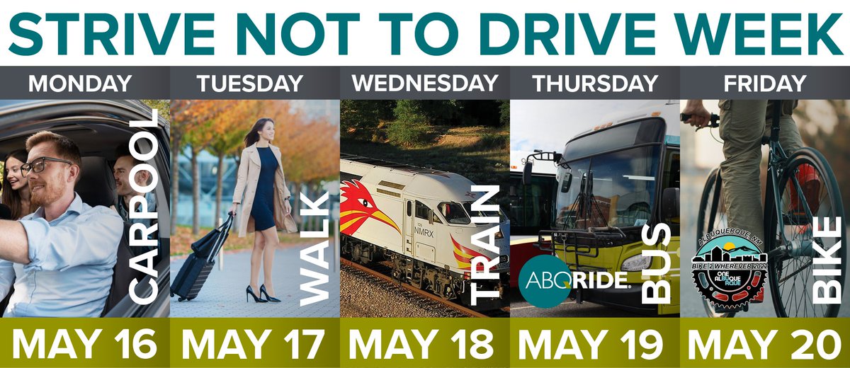 abqride's tweet photo. Strive Not to Drive week begins tomorrow (5/16)!
Take the pledge: https://t.co/p74IFwiPSv
#strivenottodrive #strivenottodriveweek #publictransportation #bus #buslife #abqride #walk #carpool #railrunner #bike #strivenottodrive2022 https://t.co/d4bHwp00Ci