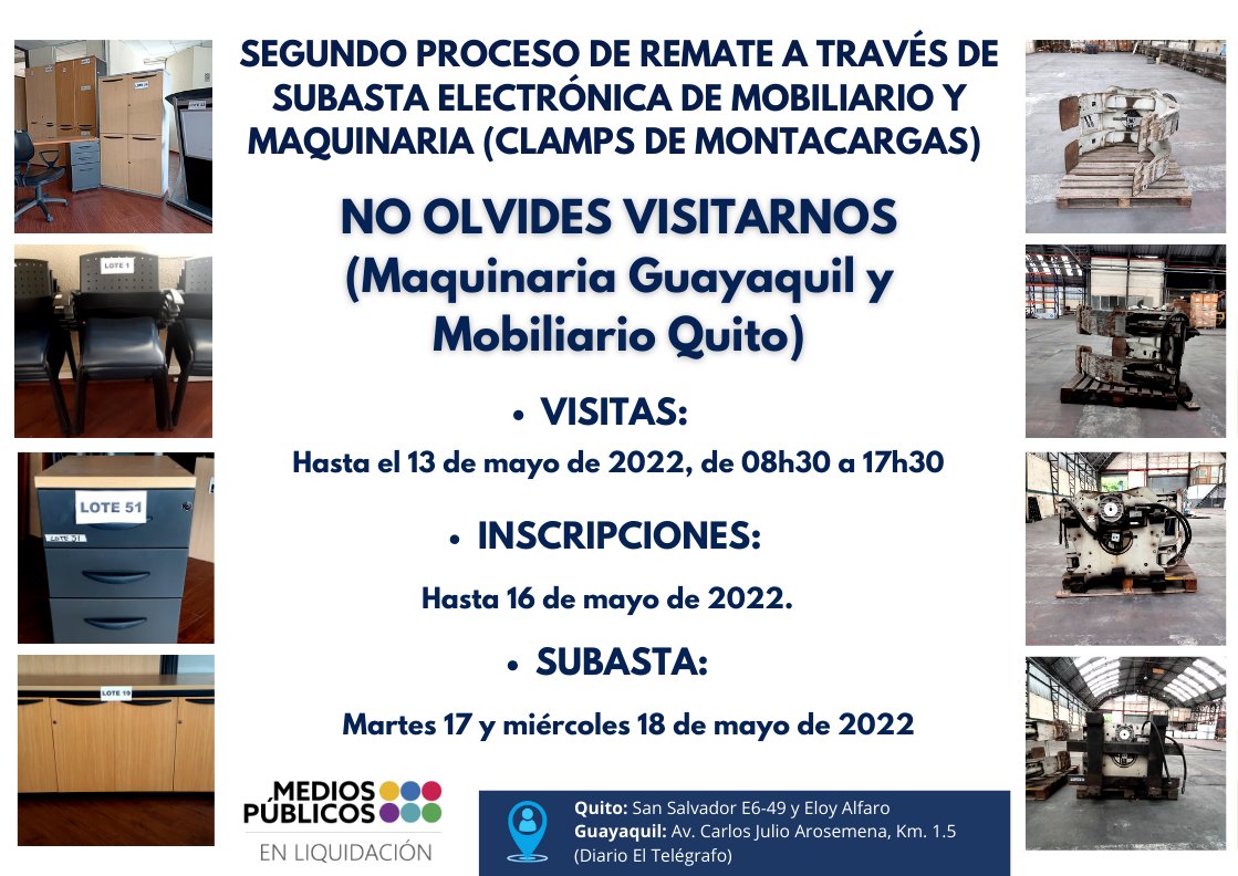 PublicosEC's tweet photo. #ATENCION | SUBASTAS
1. Ingresa:
https://t.co/IPMGIOYDUO
2. Recuerda leer:
• BASES MOBILIARIO: https://t.co/N6THY1Zm5W
• INSTRUCTIVO MOBILIARIO: https://t.co/kISSXtc6PH
• BASES MAQUINARIA CLAMPS: https://t.co/bHgNDRFErh
• INSTRUCTIVO MAQUINARIA CLAMPS: https://t.co/2XiteOw4nF https://t.co/T0GlPwhsTj