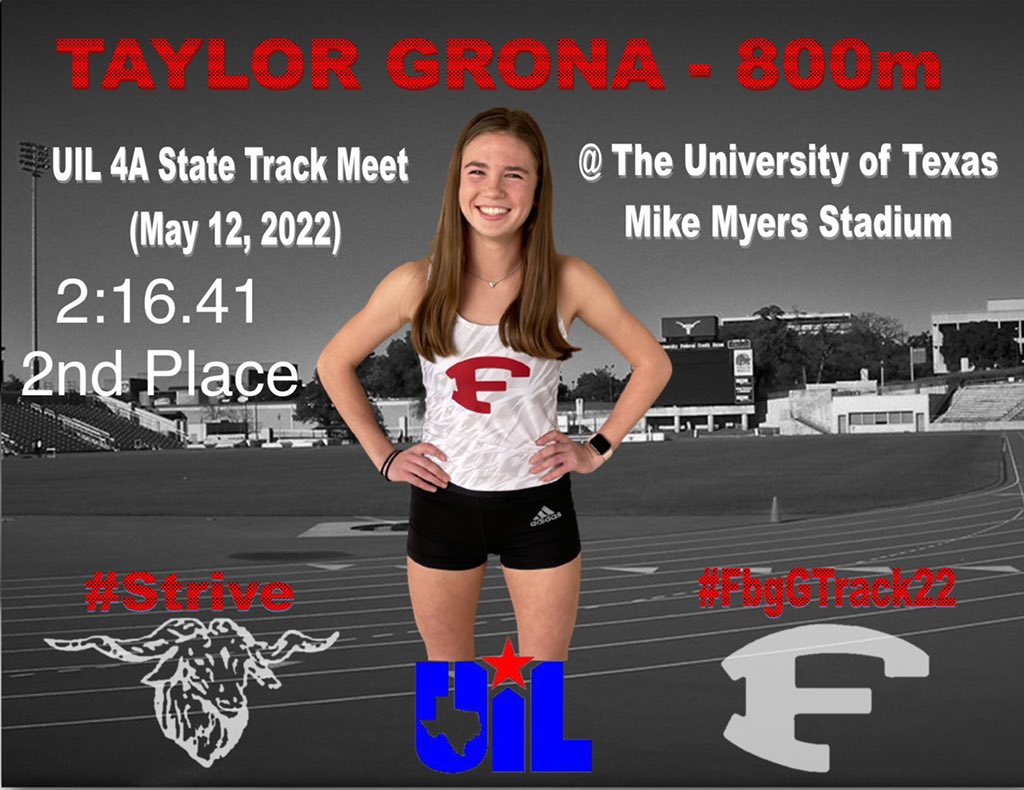 FredTrack's tweet photo. #FbgGTrack22 sophomore Taylor Grona is your UIL 4A Girls 800m State Runner-Up with a 2:16.41. 8points for the team and moving up from bronze last year! #Strive https://t.co/GCAAOp0diO