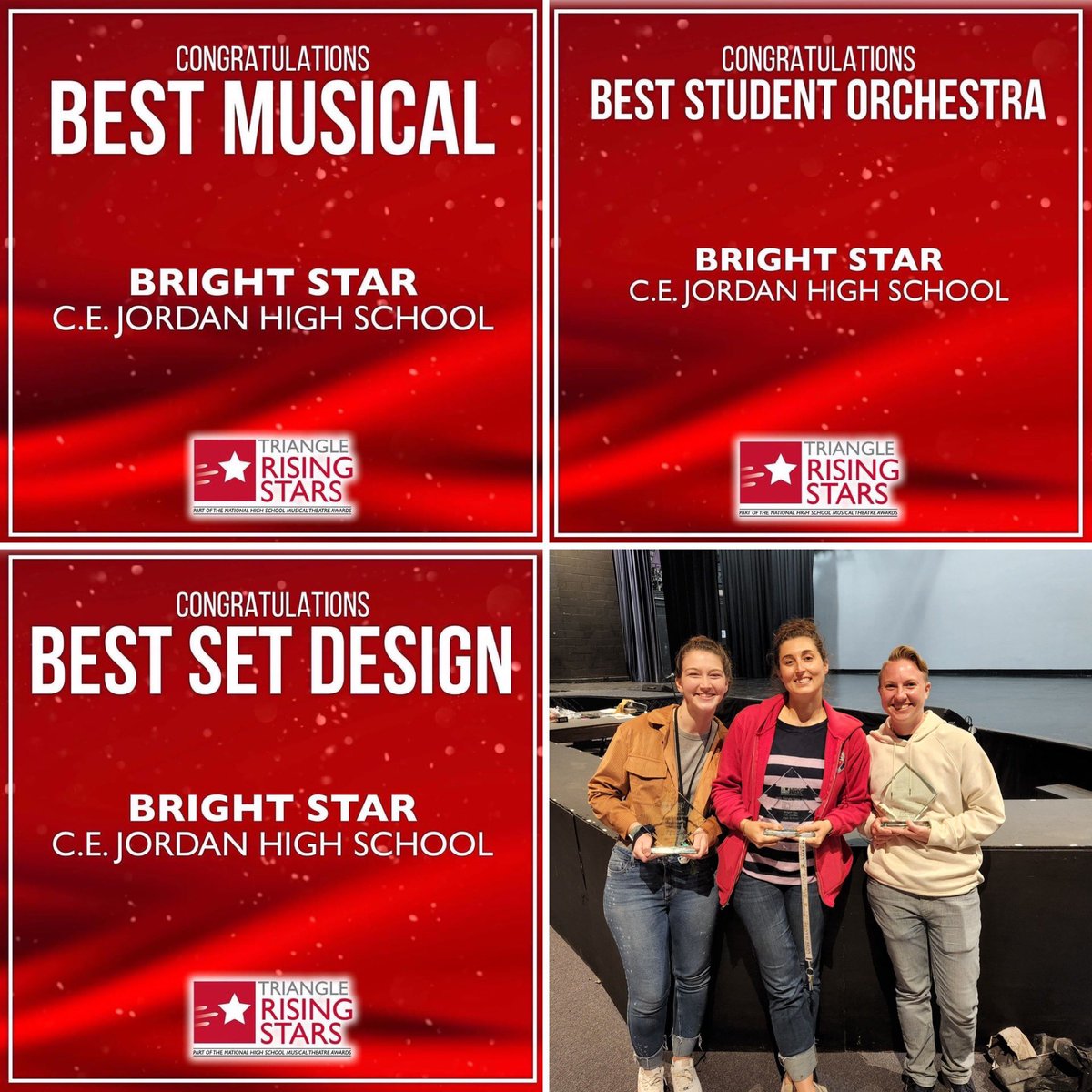 JHSFalcons's tweet photo. Congratulations to our JHS musical theatre program! 💙❤️💙 #trianglerisingstars #bestmusical #bestsetdesign #beststudentorchestra https://t.co/rrVEnwF9AH