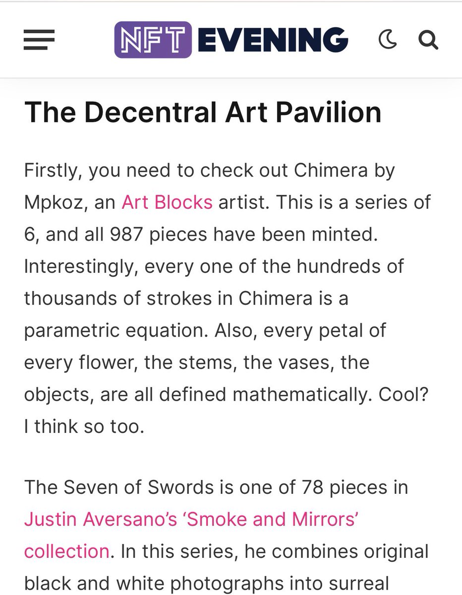 Thx <a href="/NFTevening/">NFTevening ɢᴍ</a> for featuring the Decentral Art Pavilion “6 NFTs You Missed At The Venice Biennale” nftevening.com/6-nfts-you-mis… <a href="/SuperRare/">SuperRare</a> <a href="/artblocks_io/">Art Blocks</a>