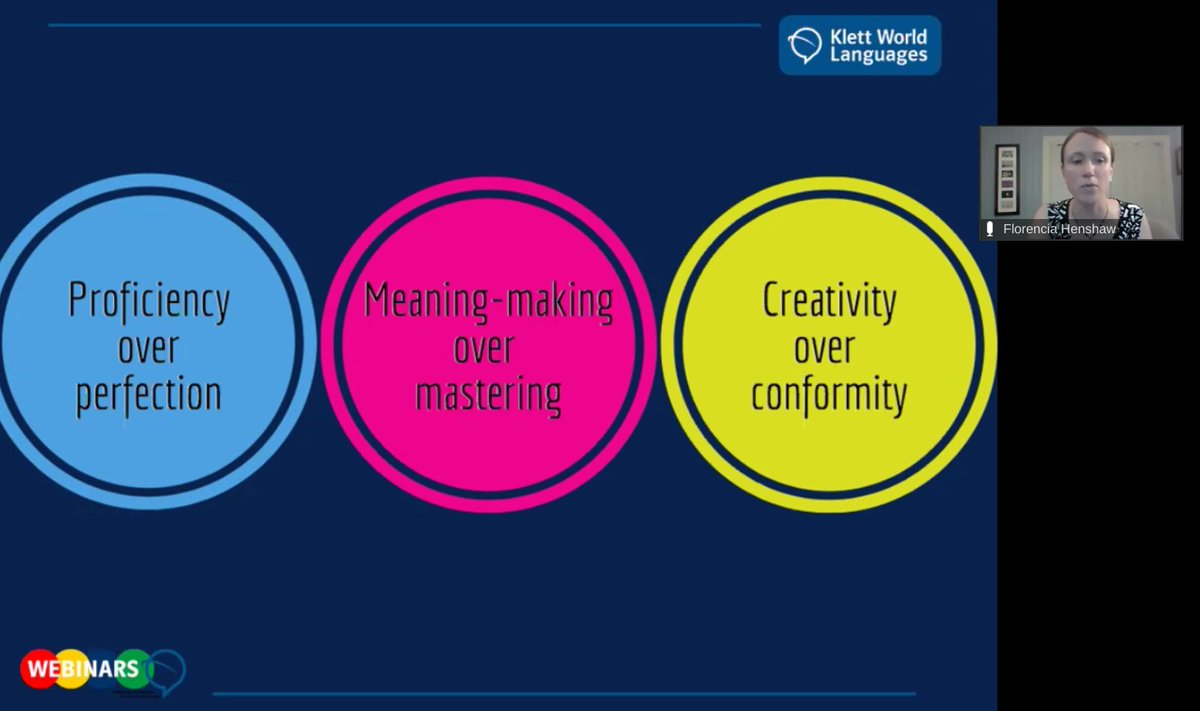 glendadehoyos's tweet photo. Thanks @Prof_F_Henshaw for a very interesting, thoughtful & MEANINGful webinar. I learned so much! Love your goals & priorities...
π proficiency > perfection
π meaning-making > mastering
π creativity > conformity https://t.co/86Z6JuvW99