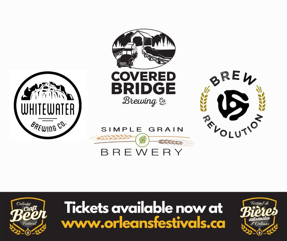 This is our last brewery announcement, so we’re going big with four breweries this Thursday! 🍺🍺🍺🍺 <a href="/WhitewaterBrew/">WhitewaterBrewingCo</a>, <a href="/CBBeer/">CoveredBridgeBrewing</a>, <a href="/BrewRevOtt/">Brew Revolution</a>, and <a href="/SimpleGrainBrew/">Simple Grain Brewery</a> are all joining us this June! Are you going to be there? Get the full brewery list at orleansfestivals.ca 

#beer