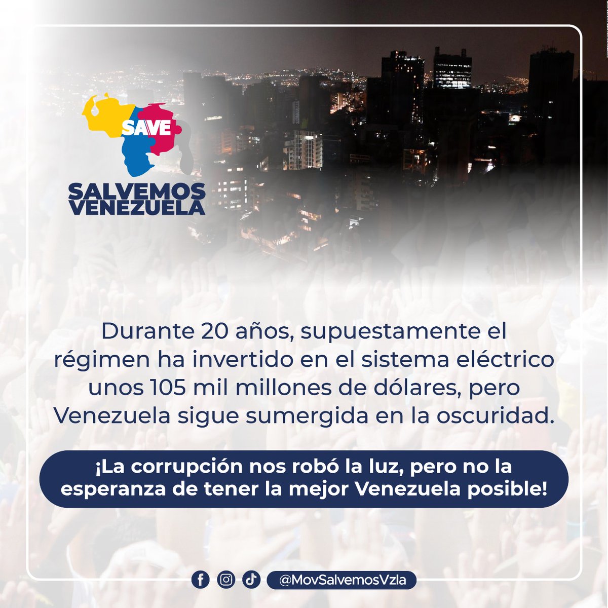 Todos estamos llamados a salvar a Venezuela del caos y de la oscuridad. 
Tenemos el talento de todos los venezolanos de bien y las ganas para recuperar nuestro país. ¡Unidos, organizados y movilizados #SalvemosVzla !
#MaduroEsOscuridad
#ÚneteAlCambioDemocrático