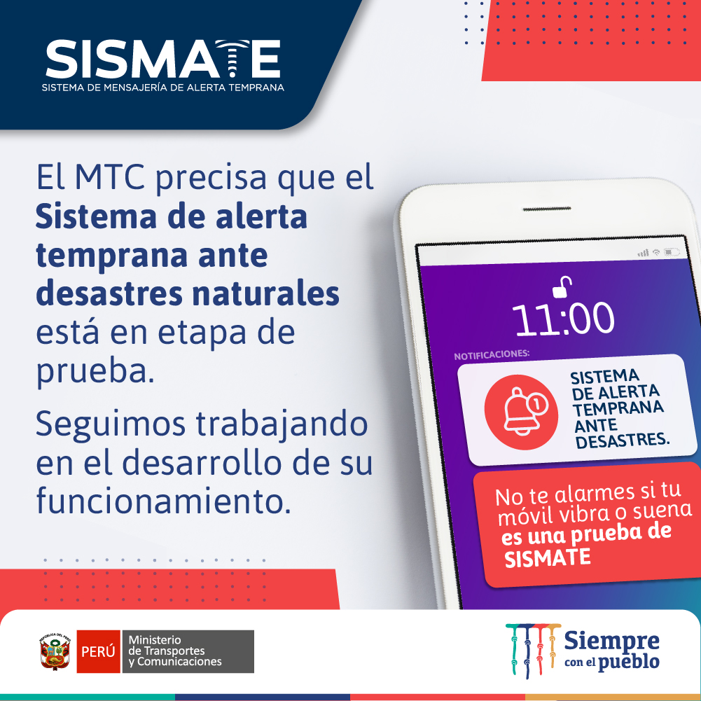 MTC_GobPeru's tweet photo. Informamos a la ciudadanía que la alarma del Sismate no se activó porque el Sistema de alerta temprana ante desastres naturales todavía no está en funcionamiento, continúa en periodo de prueba. https://t.co/QtB6fpFwkZ