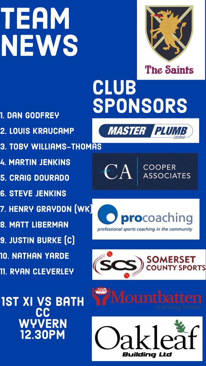 TSA_CC's tweet photo. 📢 Team News 📢

1️⃣st XI
🆚 @bathcricket 
📍The Wyvern
⏰ 12.30pm start
🏆 League
🍻 Bar open at 2.00pm

#DebutDay https://t.co/wAPMwrdWKc