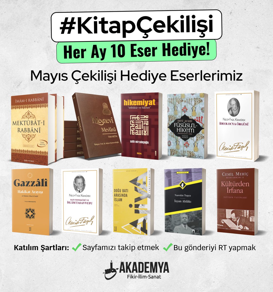 akademyadergisi's tweet photo. 🎁 HER AY ON ESER HEDİYE - MAYIS ÇEKİLİŞİ

📚 On takipçimize, Akademya'dan birer eser hediye
🗓️ Mayıs kazananlarımız 17 Mayıs Salı 21.00'de
✅ RT + Takip: 
@akademyadergisi 
+
https://t.co/jmfs84ickM

Katkılarından dolayı ANAFOR EĞİTİM kanalına teşekkür ediyoruz.

#KitapÇekilişi https://t.co/iv66FACEMF
