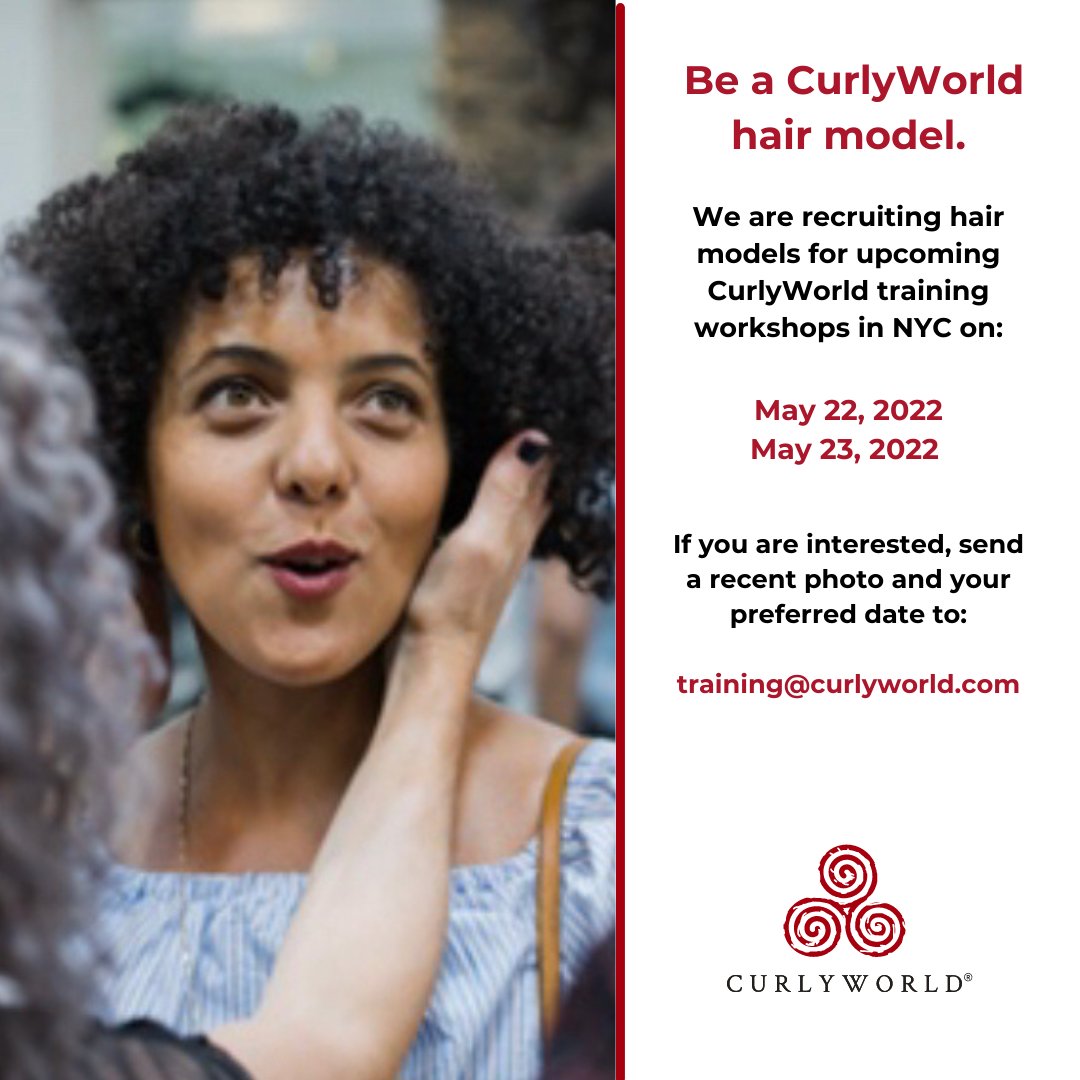 LorraineMassey's tweet photo. We still have a few spaces available for hair models to be cut, cleansed, conditioned, and styled at our May 22 & 23 Curl by Curl training in NYC. Send an email and curl photo to training@curlyworld.com
#curls #curlyhair #curlygirl #curly #curlbycurl #hairmodels https://t.co/BZRcRxYpG3