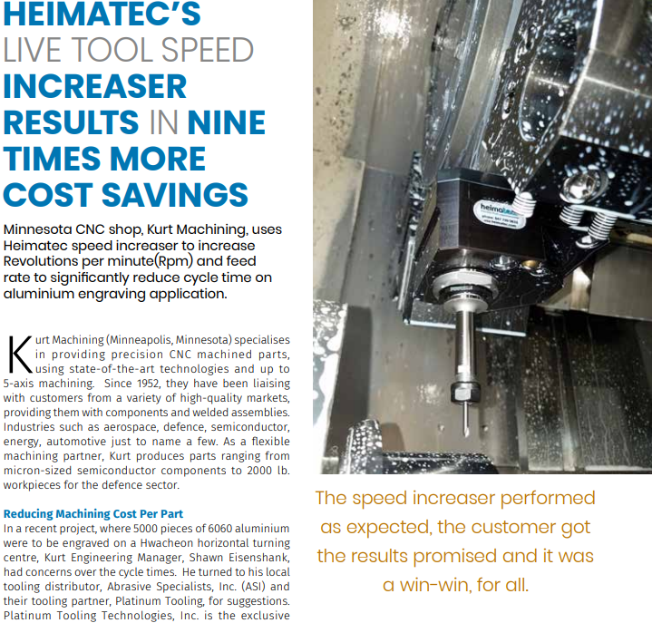 PlatinumTooling's tweet photo. #ThrowbackThursday with our happy customer, @KurtMfg. The Minnesota #machineshop used a #Heimatec #speedincreaser to increase RPMs and feed rate, thus reducing cycle times.
Thanks @APMEN_Asia.
https://t.co/dbE7ruYXQy
#livetooling #machinetools #mfg https://t.co/Cchg1pLxJc