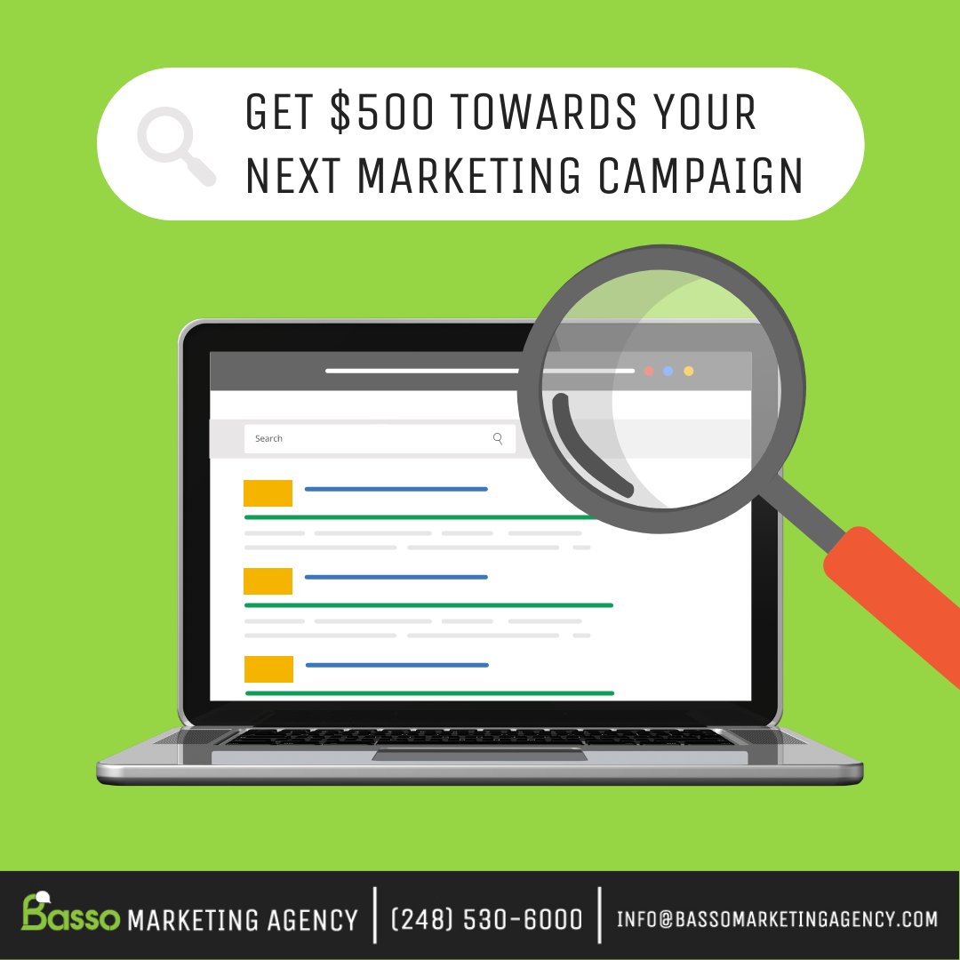 Did you know that when you work with a certified Google Partner, you gain access to a number of exclusive promotions? 

Currently, Google is offering an additional $500 toward your marketing campaign on AdWords when you sign up with Basso Marketing Agency.