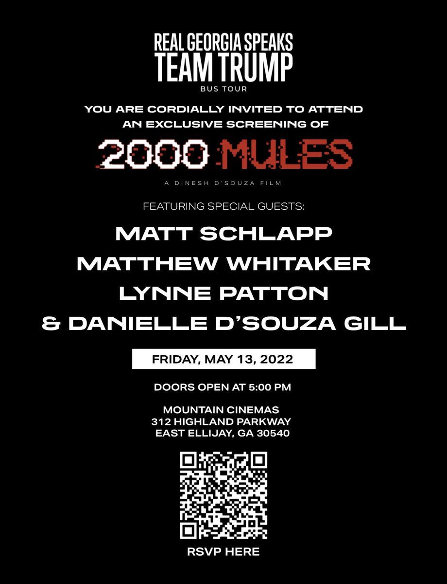 TakeBackGA's tweet photo. Have you seen #2000Mules yet? Come watch with the #RealGeorgiaSpeaks Team Trump Bus Tour 🚌 and @LynnePatton, @MattWhitaker46, @mschlapp, @danielledsouzag on 5/13 at 5:00PM in #GilmerCountyGA! RSVP here: https://t.co/MoQbKJbRcR https://t.co/qP4k1Rumaf