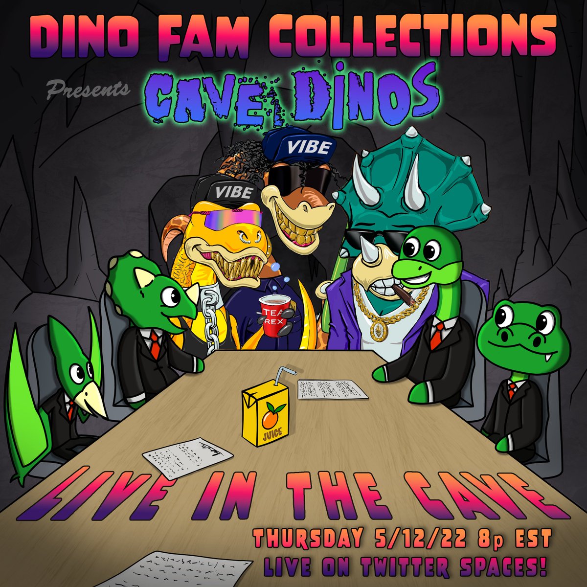 DinoFamCol's tweet photo. Cave Dino Crew back in the house with #NFTgiveways, news, updates, and da juice! Coming in at a new time, 8pm est, set that reminder fam! 

🔆https://t.co/tE5R1YjoLk https://t.co/DifT3zTLHD