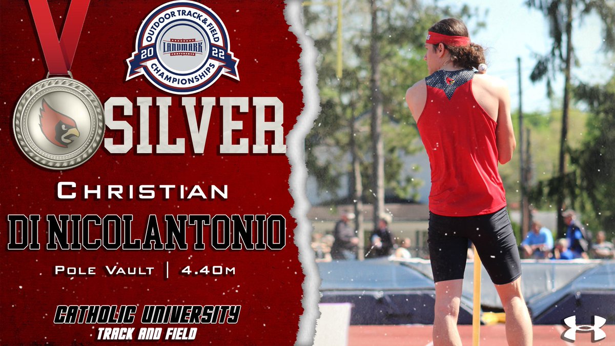 CatholicU_XCTF's tweet photo. Congrats to Christian Di Nicolantonio for taking home the Silver in the Men's Pole Vault at the 2022 Landmark Conference Outdoor Track and Field Championships! #catholicutf #silver #runnerup #landmarkconference #polevault https://t.co/h92XWqaYox