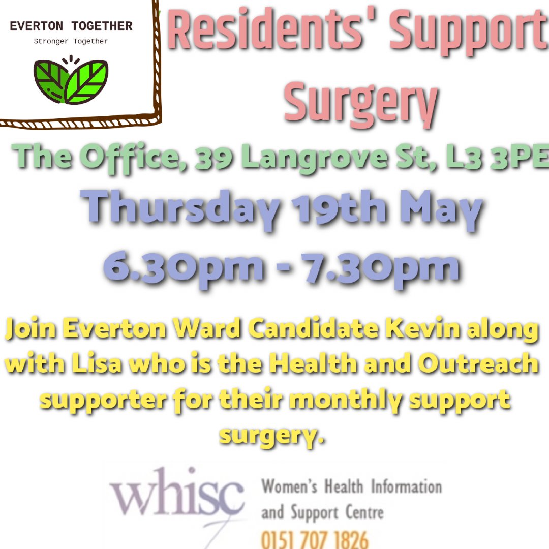 Everton2Gether's tweet photo. My residents support drop in surgery is on Thursday 19th May at 6.30pm at 39 Langrove St, L3 3PE. I will be with @WHISC outreach worker Lisa. If you need support then call in and see us #AllWelcome
Thanks
#Everton #Liverpool #whisc #community https://t.co/dSpV62GrtT