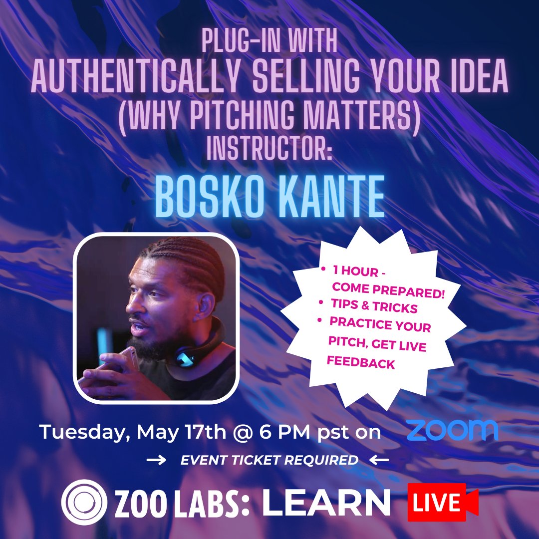Practice pitching your #musicBusiness with <a href="/ElectroSpit/">ElectroSpit Talkbox</a> -- this TUESDAY at 6pm pst.  
RSVP here: eventbrite.com/e/zoo-labs-lea…
#pitch #blackOwned #business #Music #producer #talkbox #bayarea #zoom #live #singer #songwriter #BME #boskoKante #electrospit #zooLabs #alumni #plugin