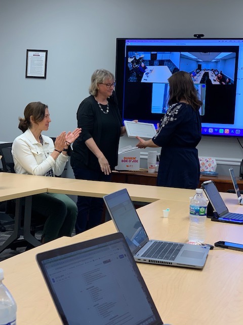Dr. Ellie Ambuehl welcomed and honored Mary Freeman as a representative of St. Francis Xavier Catholic Church during the Board Meeting today. They support LADSE families without hesitation, providing grocery bags weekly. We are grateful for their work!
