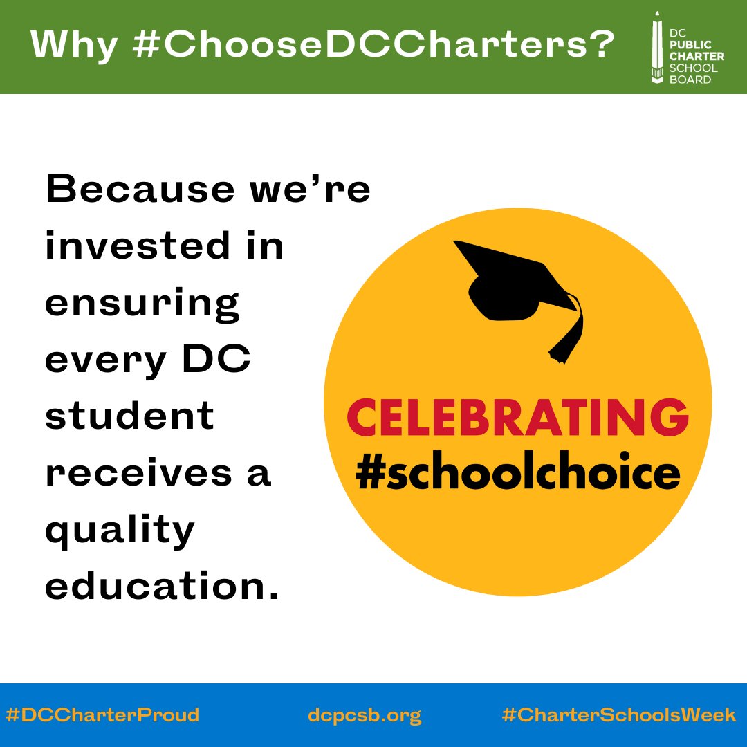 dcpcsb's tweet photo. Why #ChooseDCcharters?
Because we're building a stronger public charter system in DC by ensuring every DC student receives a quality education.
Our #RoadmaptoExcellence will get us there by 2024.
Learn more here: https://t.co/9UONtfnjJJ
#CharterSchoolsWeek #SchoolChoice https://t.co/BUvFdOj45p