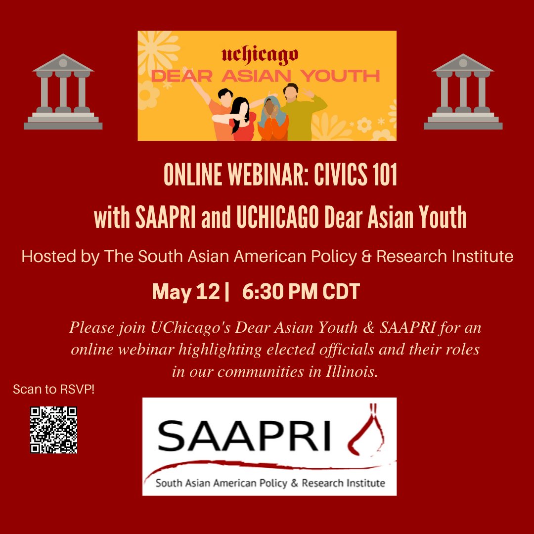 SAAPRIChicago's tweet photo. Join us tonight as #SAAPRI facilitates a #civicengagement event in collaboration with UChicago's Dear Asian Youth about the importance of voting and how #youth can continue to be engaged via this online webinar highlighting elected officials and their roles in our communities https://t.co/T5TpSZJKy3