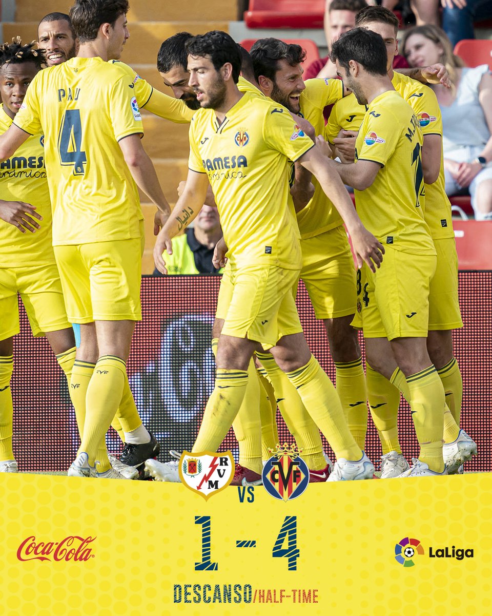 VillarrealCF's tweet photo. #RayoVillarreal | 1-4 ⏱ 45'+2' | ¡Descanso en Vallecas! 

¡Mucha pegada en una gran primera parte del Submarino, que se retira a los vestuario con una importante ventaja gracias a los goles de @Alfonsopedraza9, @JuanMFoyth, @paco93alcacer y @pauttorres! https://t.co/TmO1VMqxA8