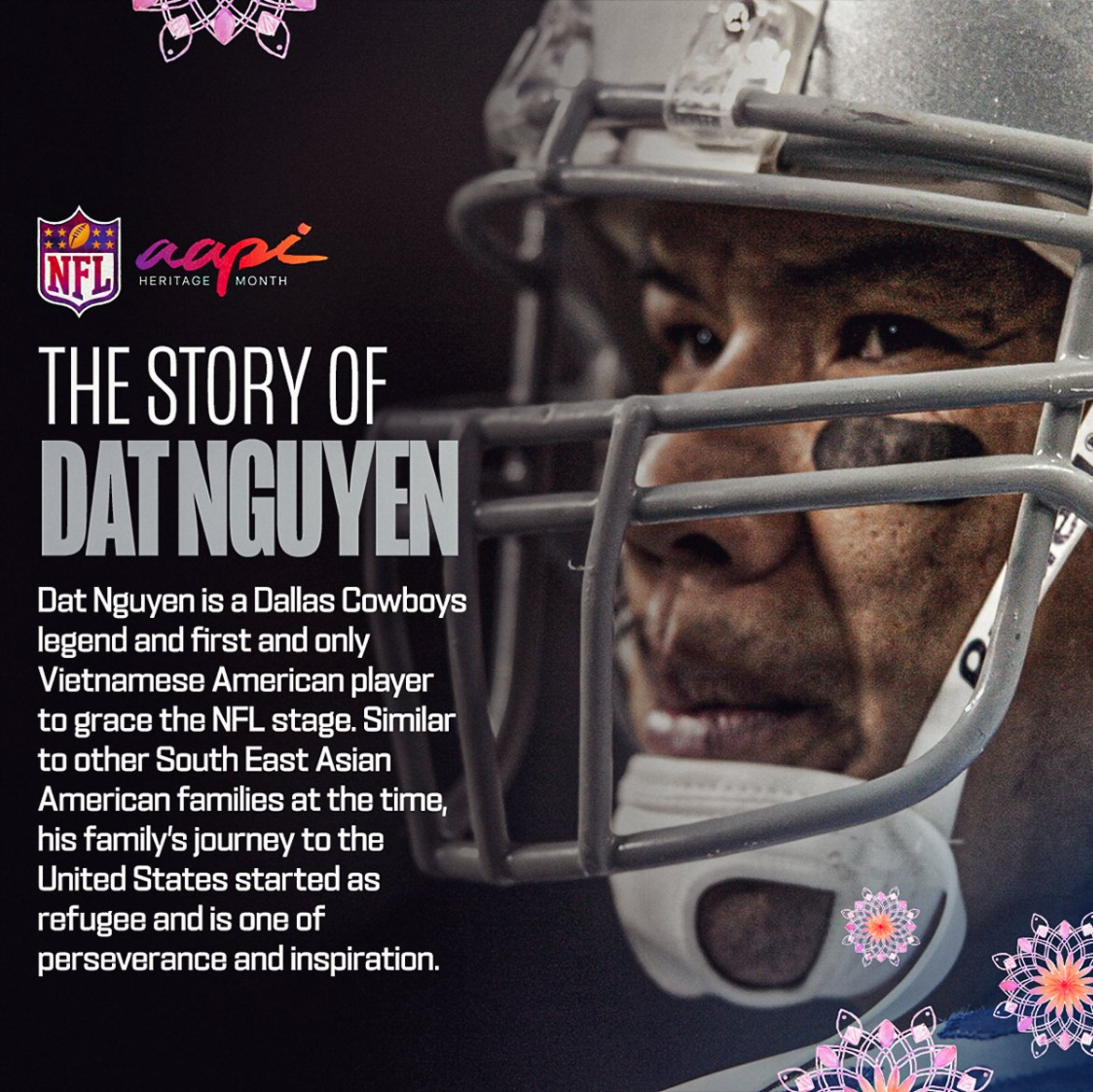 NFL's tweet photo. Dat Nguyen. Trailblazer.

Get to know the story of the FIRST Vietnamese American in the NFL💜🧡 #AAPIHeritageMonth https://t.co/8xqUt7MfJa