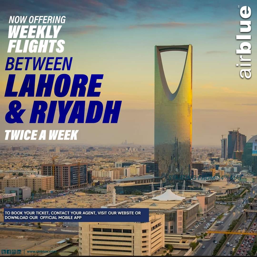 ClubClassTour2's tweet photo. More flights, more convenience. Now fly twice a week between Lahore and Riyadh. 

Starting from 14th May. 

#LHEandRUH #airblue #weeklyflights #travelwithcct #tourswithcct https://t.co/5Qns5FWWZM