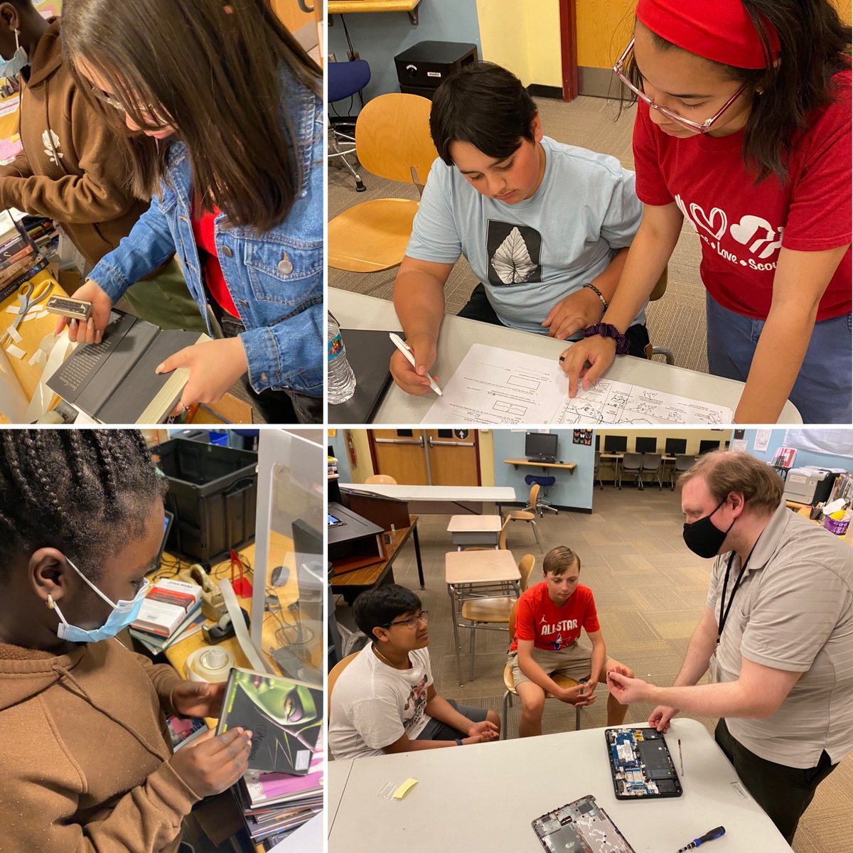 Being an educator is REALLY hard, but these kids make it so much better. Scenes from 8th grade recess today: impromptu #chromebookrepair lesson w/“Crew”, students processing new 📚, &amp; others helping w/work. #LibraryLife ❤️ <a href="/TeachBacon/">Allison Bacon</a> <a href="/OssDOT/">Mike Hanna</a> @AMD_ROCKS